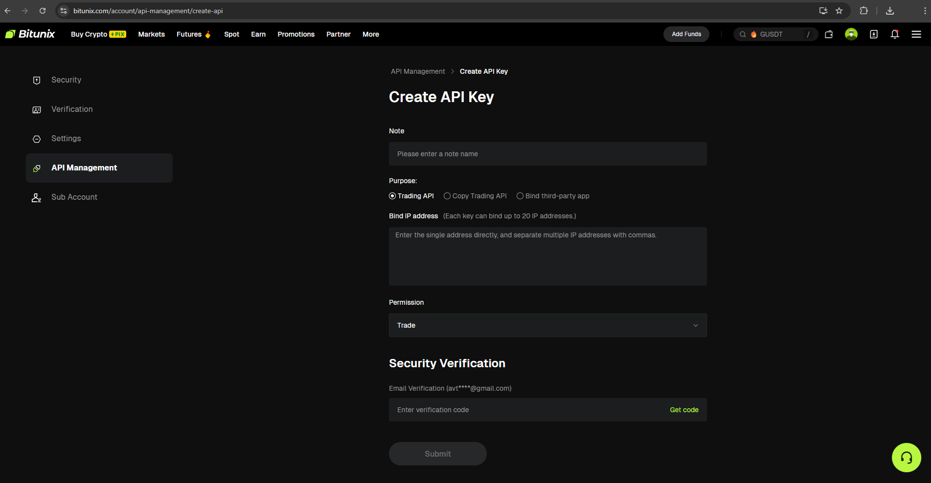 Bitunix Create API Key