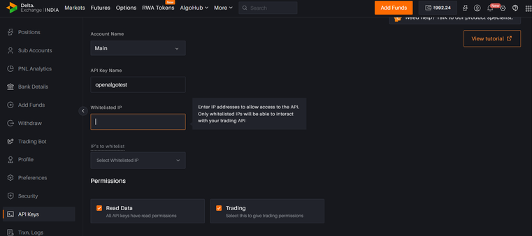 Delta Exchange Create API Key